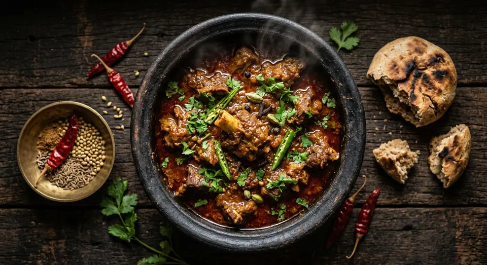 Mutton curry steaming in a traditional clay handi, garnished with coriander